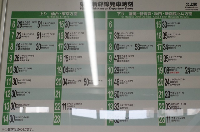 北上駅の東北新幹線の時刻表の写真
