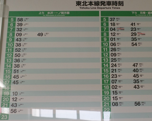 北上駅の東北本線の時刻表の写真