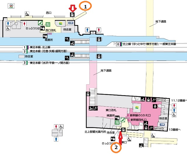 北上駅のコインロッカーの場所のマップ