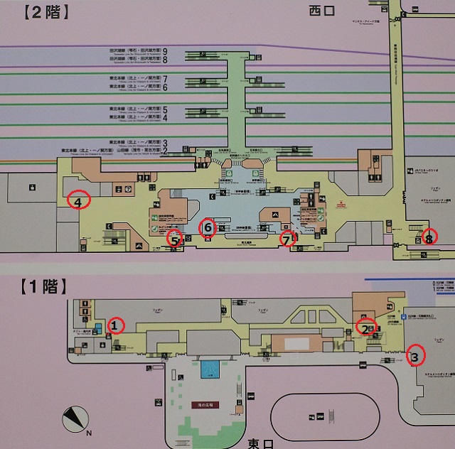盛岡駅の構内にコインロッカーの場所をプロットした写真