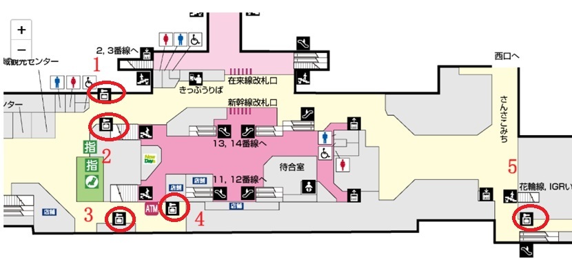 盛岡駅2階コインロッカーの場所（構内図）