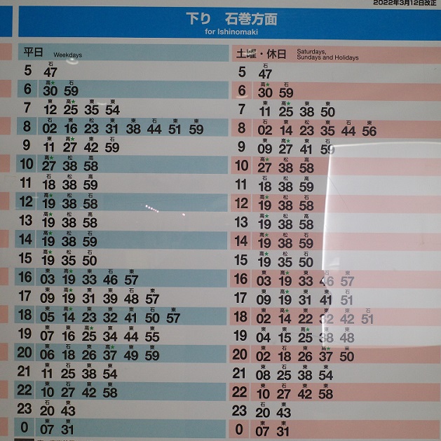 本塩釜駅の下りの時刻表の駅に掲示の写真