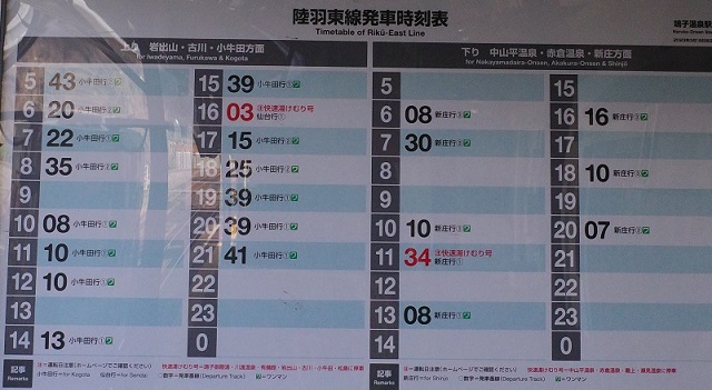 鳴子温泉駅の時刻表の写真