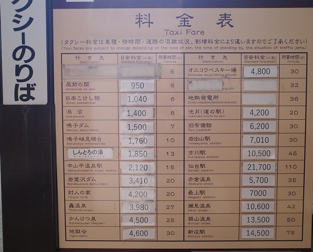 鳴子温泉駅のタクシー乗り場の料金表示