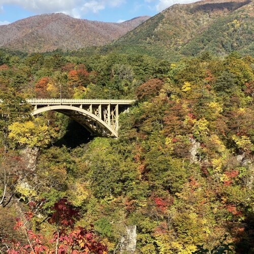 iphone11proで撮影鳴子レストハウスから見た鳴子峡の紅葉の写真