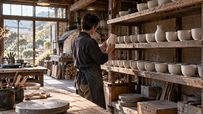 同じ形の器が並ぶ陶芸工房で一つだけ形と高さが異なる器