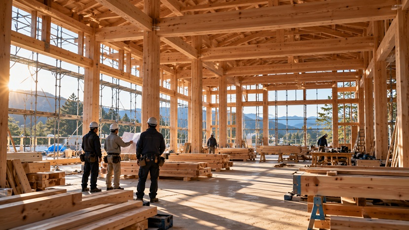 建築現場で図面と建物を確認してから工事を進める作業員