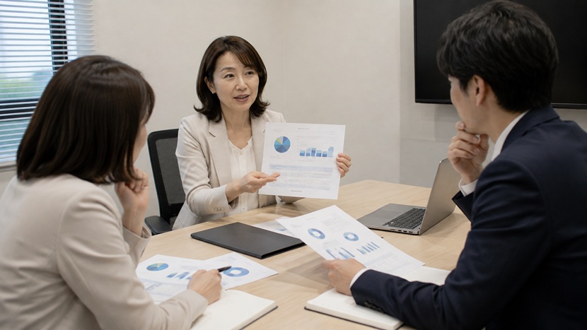 簡潔にまとめた概要を使って企画内容を説明する様子