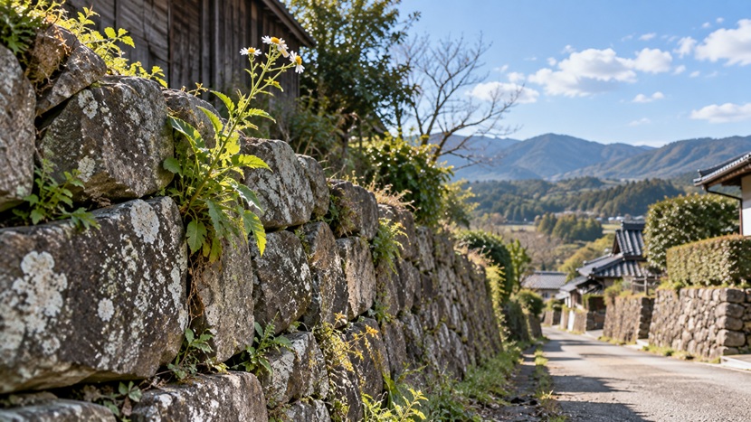 古い石垣の隙間から周囲より高く伸び風を受ける一本の植物