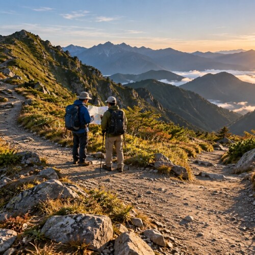 地図を確認して登山ルートを慎重に選ぶ登山者