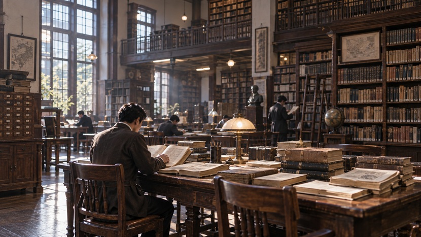 古い図書館で辞書や古書を開き唐突という言葉の由来を調べる様子