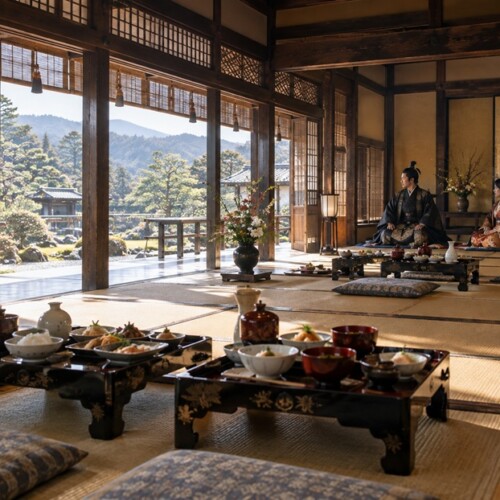 伊達政宗と正妻愛姫をイメージした戦国時代の武家屋敷の風景