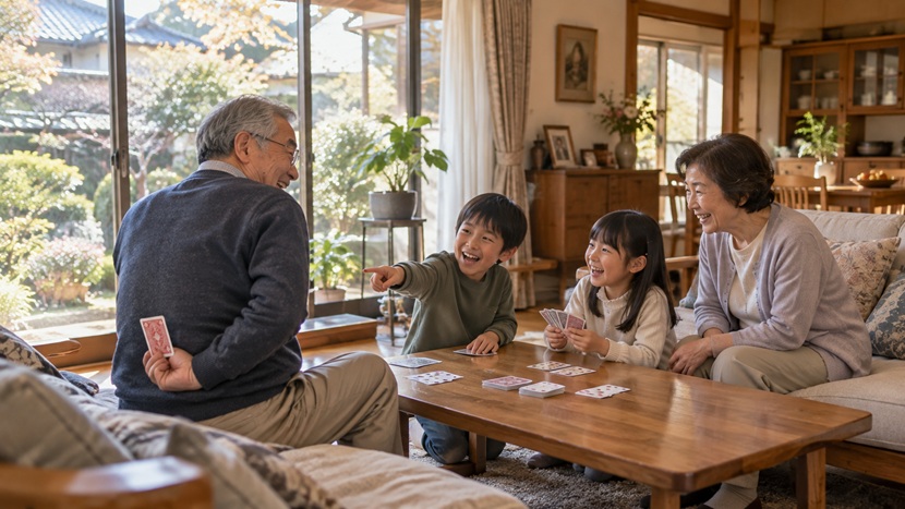 自宅の居間で孫と遊びながら冗談を楽しむ祖父母