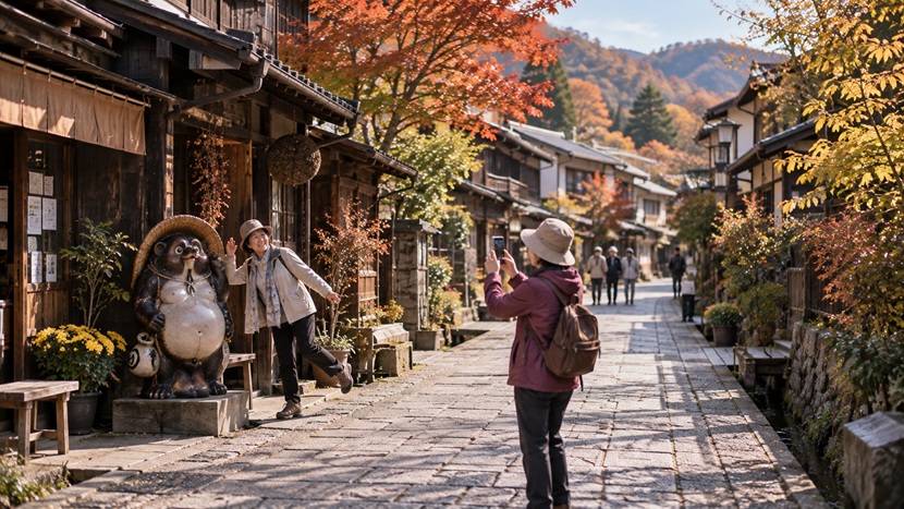 秋の旅行先で遊び心のあるポーズをして茶目っ気を見せる年配女性