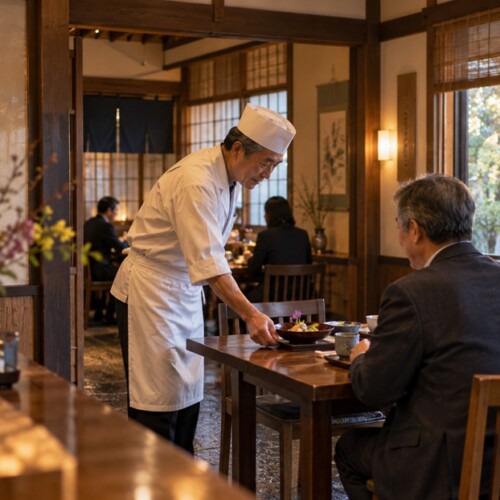 店主が客のためにさりげない心遣いをする粋な計らいのイメージ