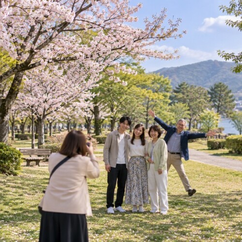 公園で家族写真を撮る際にお茶目なポーズをする父親と笑う家族