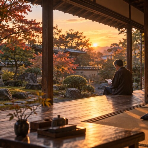 心にしみる言葉や思い出を感じながら夕暮れの庭を眺める人物