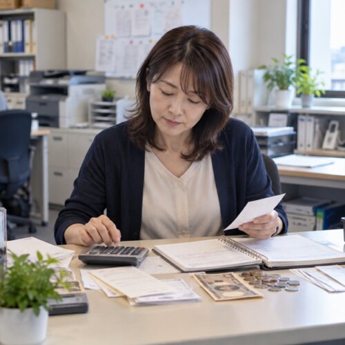 現金と帳簿を確認しながら出納業務を行う事務担当者
