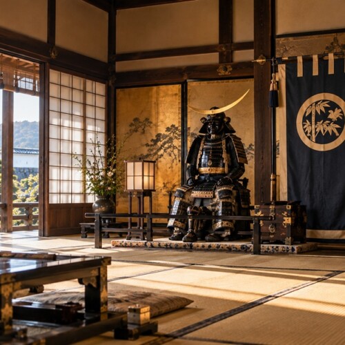 伊達政宗の三日月兜と竹に雀の家紋をイメージした武家の書院