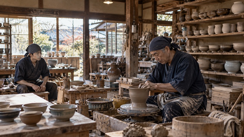 陶芸工房でろくろを使い手際よく器を作る熟練職人