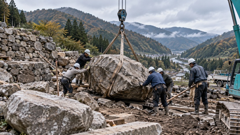 山間部で大きな自然石を動かすために協力する作業員たち
