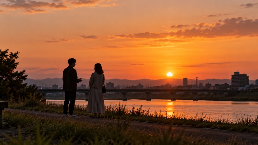 夕暮れの河川敷で相手に思いの丈を伝える二人