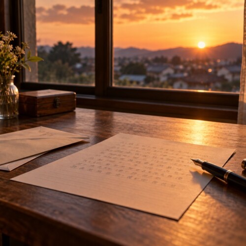 書きかけの手紙と思いの丈を表現した夕暮れの風景