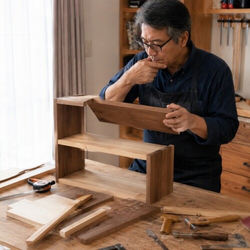 木工DIYで作り方を工夫しながら試行錯誤する男性
