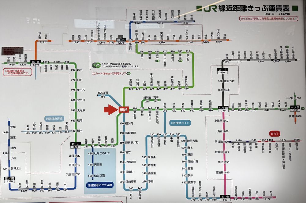 東北本線と仙石東北ラインの路線図と運賃の掲示板の写真