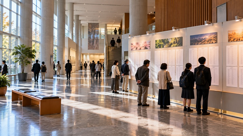 コンクールの審査結果が掲示された会場を見る人々