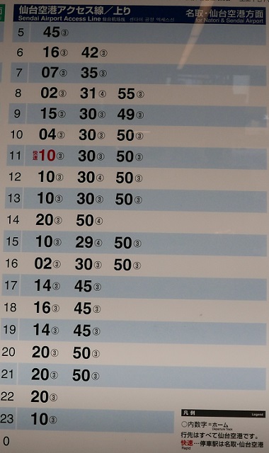仙台駅の仙台空港アクセス線の時刻表の掲示板の写真