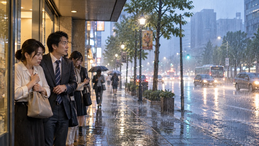 激しい雨を見て危険な状況を感じる人たち