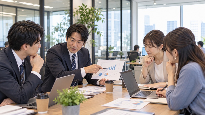 仕事の状況を具体的な言葉で説明する社員