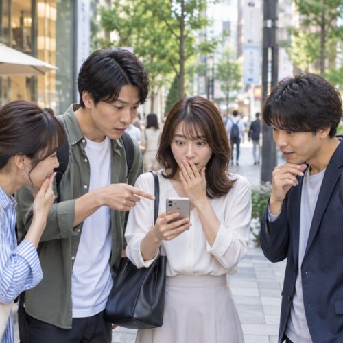 「やばい」と驚きながら会話する若い男女