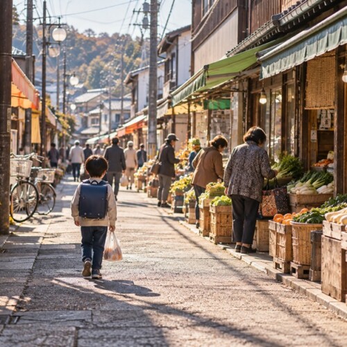 昔ながらの商店街を買い物袋を持って歩く子供