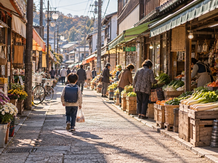 昔ながらの商店街を買い物袋を持って歩く子供