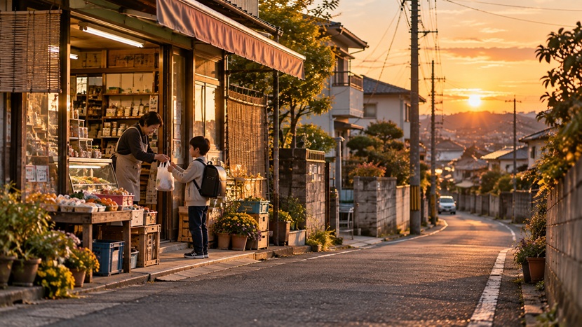 住宅街の店で頼まれた買い物をする子供
