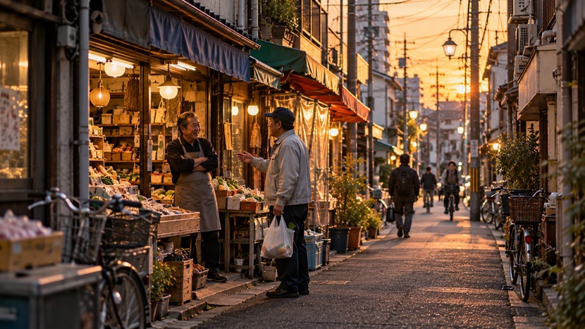 大阪の下町の商店前で会話する二人の男性