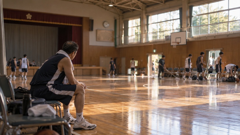 試合後の体育館でベンチに座り自分の行動を静かに振り返る男性選手