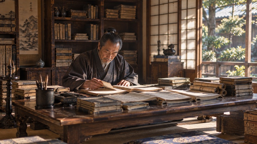 江戸時代の私塾を思わせる和室で学者が古い漢籍や和綴じ本を読み比べている様子
