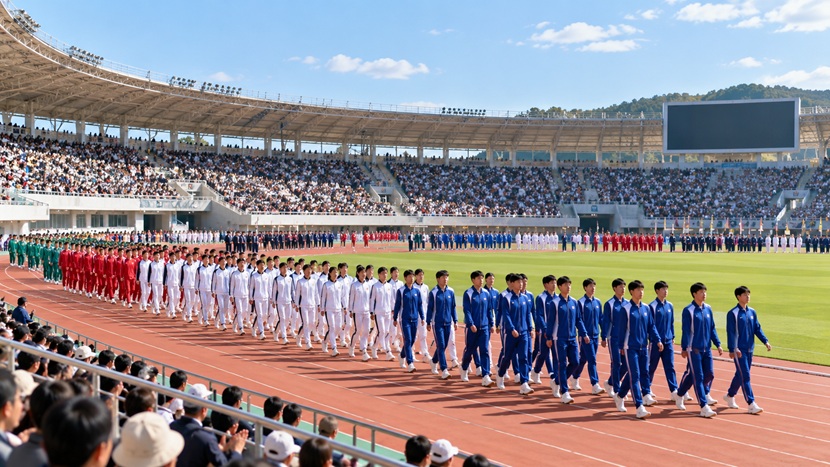 大勢の観客の前を堂々と入場するスポーツ選手たち