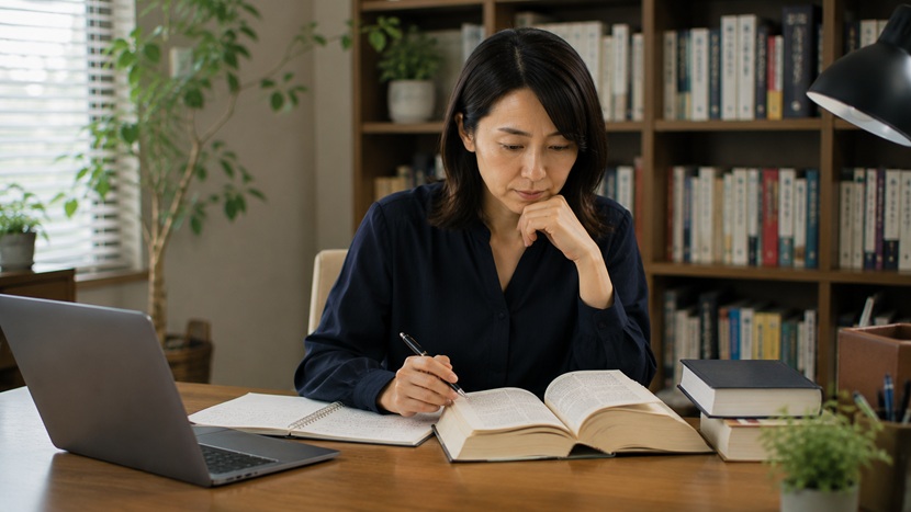 辞書で機運と気運の意味の違いを確認する日本人女性