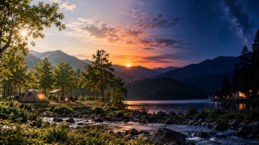 昼から夕暮れと夜へ時間が移り変わる山間のキャンプ場