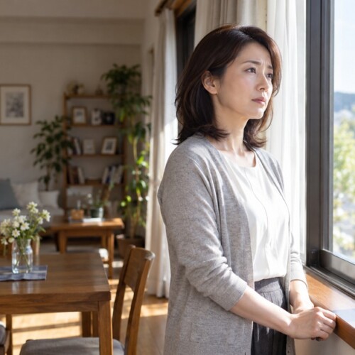 悲しみをこらえながら気丈に振る舞う女性