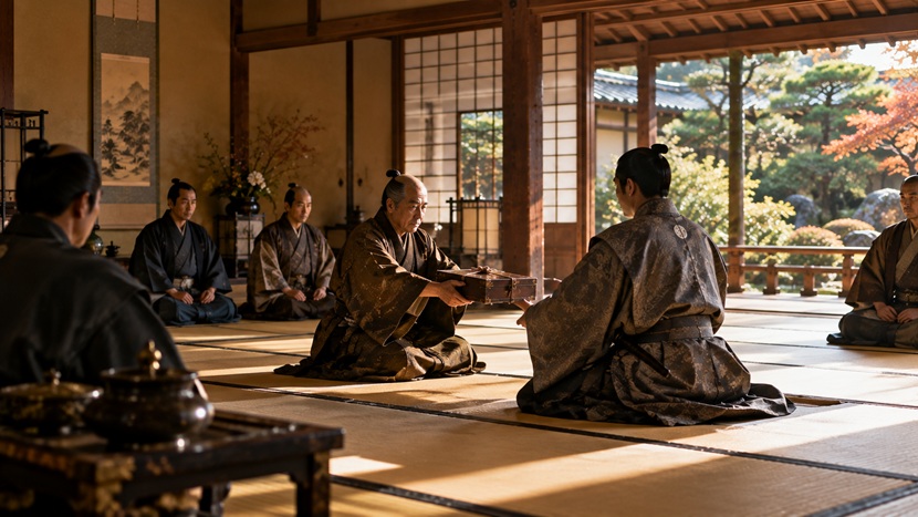 北条早雲から嫡男の北条氏綱へ家督が受け継がれる様子を表現した歴史イメージ