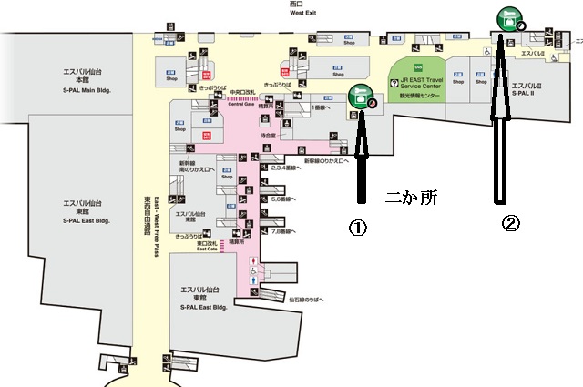 仙台駅のコインロッカーの二階の設置場所案内図