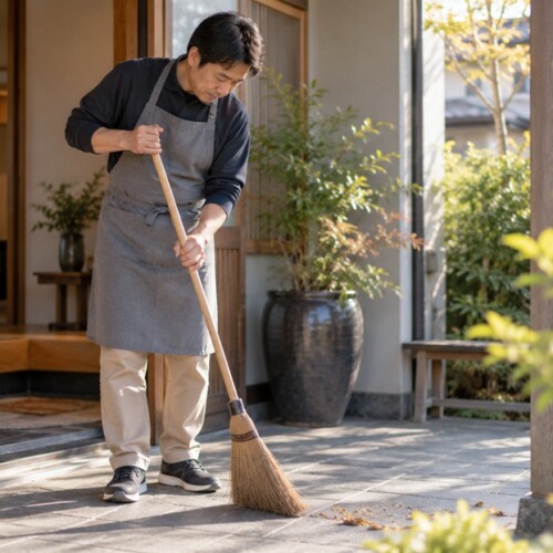 玄関前を丁寧に掃除して凡事徹底を実践する様子