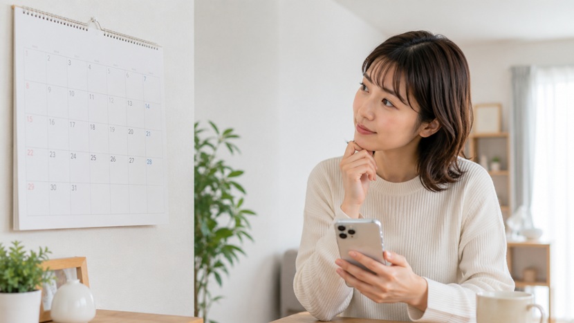 カレンダーを見ながら近々の予定を考える女性