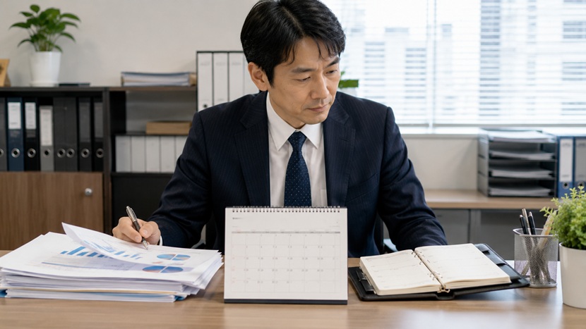 直近のデータと近々の予定を確認する会社員