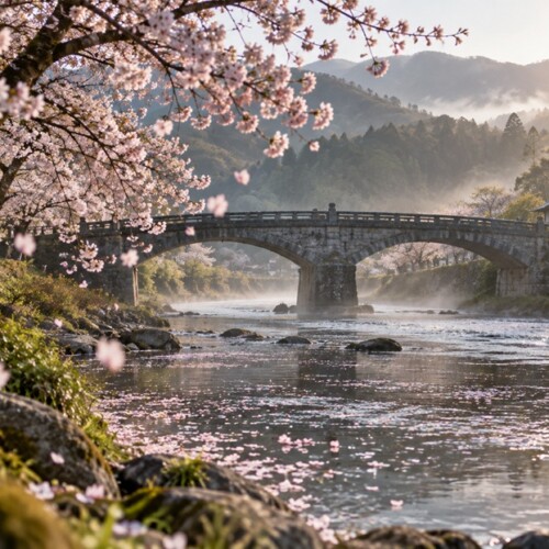 散りゆく桜と長く残る石橋が儚さと永続を対比する風景